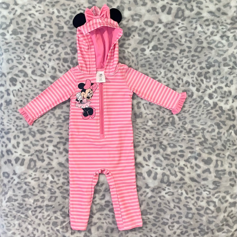 🔆 Full Body 9-12m Months Swimsuit Disney Store Pink Stripes Bathing Suit Zipper